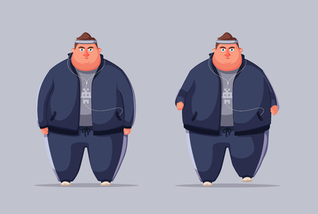 Fat man. Fat and health problems, strong sport in process. Running and activity lifestyle concept. Cartoon vector illustration. Never give upのイラスト素材