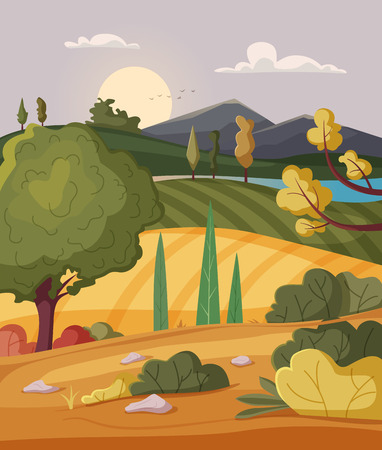 Valley landscape. Cartoon vector illustration. Vintage poster. Welcome to summerのイラスト素材