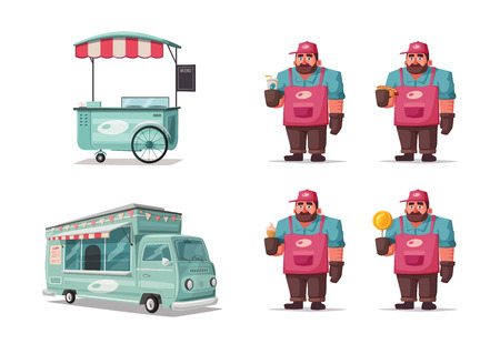 Street food and beverages funny hawker. Cartoon vector illustration.のイラスト素材