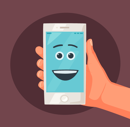 Hand holding smartphone. Screen with face. Vector cartoon illustration. New mobile phone. For banners and posters. Happy emotionのイラスト素材