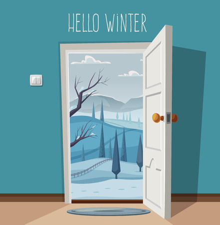 Open door. Valley landscape. Cartoon vector illustration. Vintage poster. Welcome to winterのイラスト素材