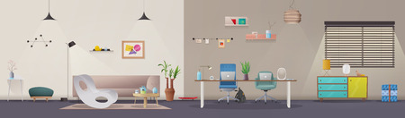 Living room and office interior. Modern apartment, scandinavian or loft design. Cartoon vector illustration. Creative office and Co-working center. Comfortable workplace. Creative workのイラスト素材