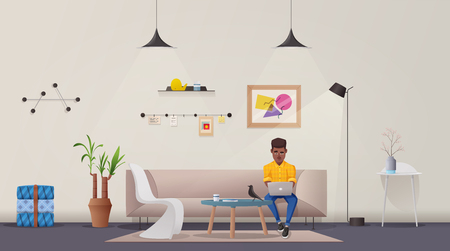 Living room interior. Modern apartment, scandinavian or loft design. Cartoon vector illustration. Creative office and home. Comfortable living or working space.のイラスト素材