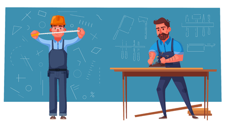 Funny engineer is measures. Carpenter is working. Cartoon vector illustration. Character designのイラスト素材