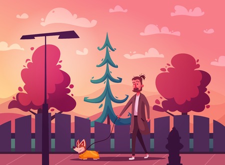 Man is walking with a dog. Cartoon vector illustration. Dog walker. Character design. Best friends. Funny person and cute dogのイラスト素材