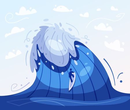 Surfing concept. Cartoon vector illustration. Catch the wave. Blue sea or oceanのイラスト素材