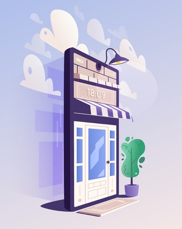 Online shopping. Big smartphone turned into internet shop. Cartoon vector illustration. Concept of mobile digital marketing and e-commerce. Supermarket in device. Awning above online store front doorのイラスト素材