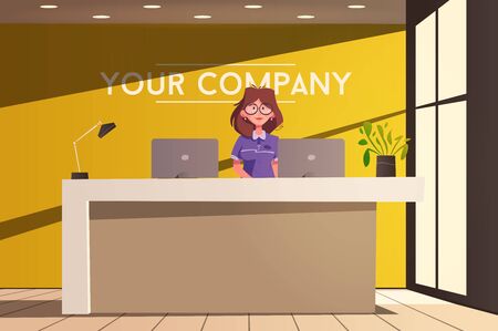 Reception desk. Hotel receptionist character. Cartoon vector illustration.のイラスト素材