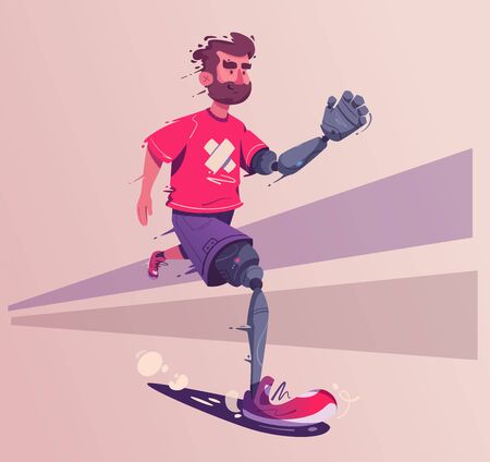 Man with a prosthesis is running. Sport concept. Cartoon vector illustration.のイラスト素材