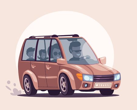 Road trip flat vector illustration. Parents, children enjoying travelling by car cartoon characters. Smiling husband and wife taking kids for summer vacation. Happy family pastime, entertainment ideaのイラスト素材