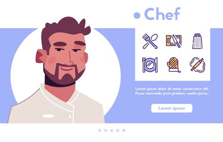 Vector banner chef in restaurant, linear icon setのイラスト素材