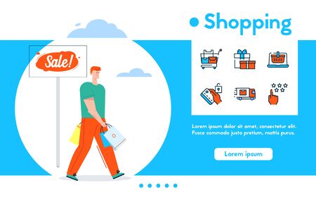 Vector banner of smiling man holds lot of purchases packages, sale retail, sell out. Color linear icon set - supermarket trolley, discounts gift, online shopping, feedback, delivery, happy customerのイラスト素材