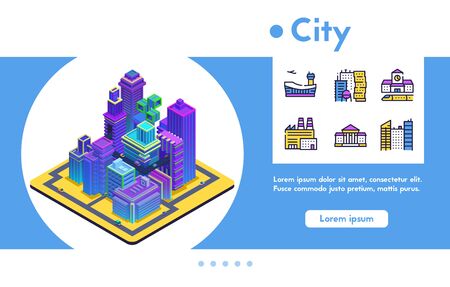 Vector banner isometric futuristic city, line iconのイラスト素材