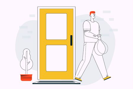 Man holds bag of garbage, throws out trash after cleaning at homeのイラスト素材