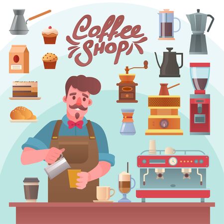 Vector character illustration of barista making coffeeのイラスト素材