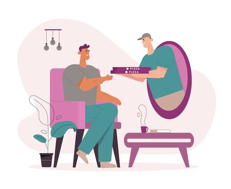 Man courier gives pizza to customer, home deliveryのイラスト素材