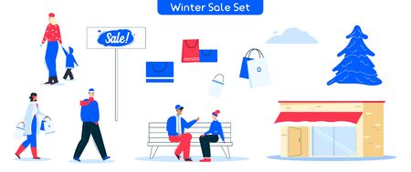 Vector character illustration of shopping on winter saleのイラスト素材