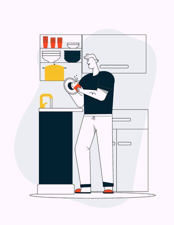 Man washes dishes in sink. Young guy cleaning at kitchen, washing utensil after dinner. House cleanup, daily life routine. Vector character illustration of guy dishwashing, housekeeping, do houseworkのイラスト素材