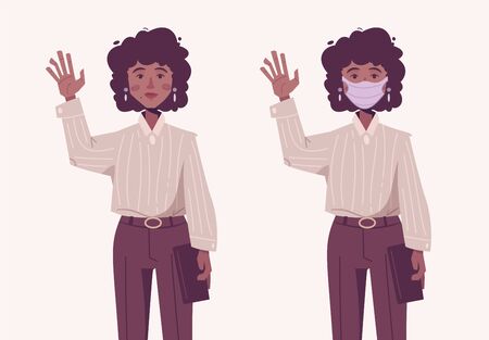 Young hipster woman wearing medical protective with and without maskのイラスト素材