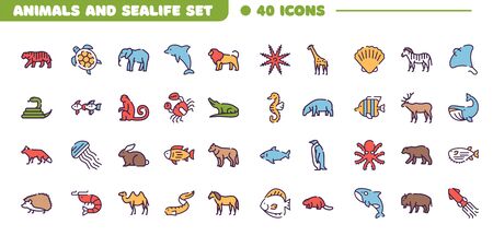 Vector color linear icon set of animal and sea lifeのイラスト素材