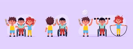 Disabled children and friends. Boys in wheelchair, prosthetic armのイラスト素材