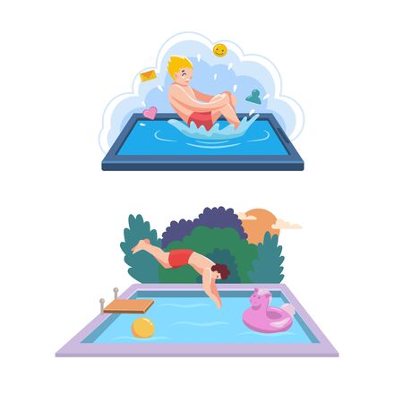 Man jumping into pool, guy jumps bomb into water, splashes of wavesのイラスト素材