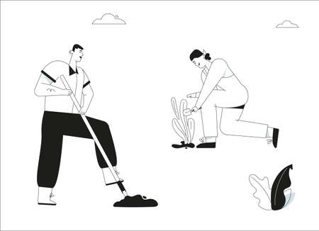 Man digging ground, Woman gardening, farmers work on farmのイラスト素材