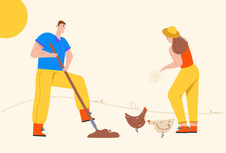 Man digging shovel earth, is engaged in agriculture. Woman feeds chickens, is engaged in poultry farming. Couple of farmers work on farm together. Vector character illustration of village lifestyleのイラスト素材