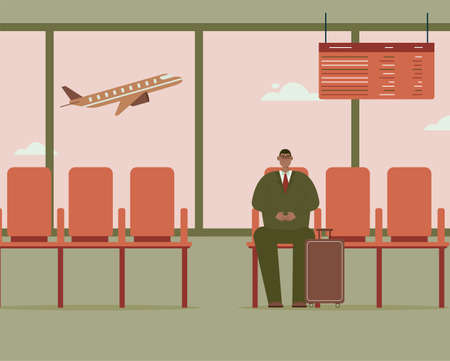 Businessman with luggage is sitting in airport terminalのイラスト素材