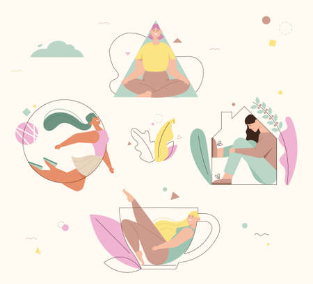 Women fill in various geometric shapes, silhouettes set isolatedのイラスト素材