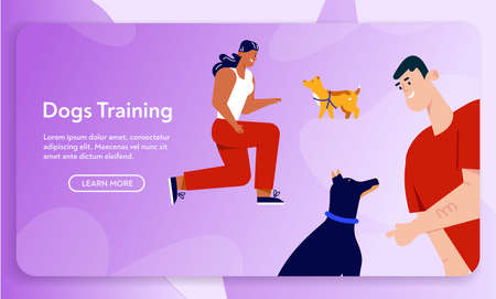 Man and woman training commands with pets, education of domestic animalsのイラスト素材