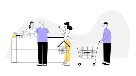 Vector character illustration of customers at supermarket in graphic linear styleのイラスト素材