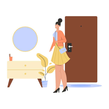Happy woman returns home from work and standing in cozy hallwayのイラスト素材