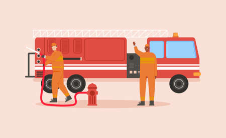 Firefighters team with fire truck isolated sceneのイラスト素材