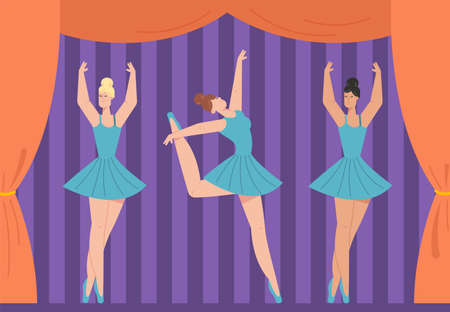 Graceful ballerinas in tutus dancing on stage of theaterのイラスト素材