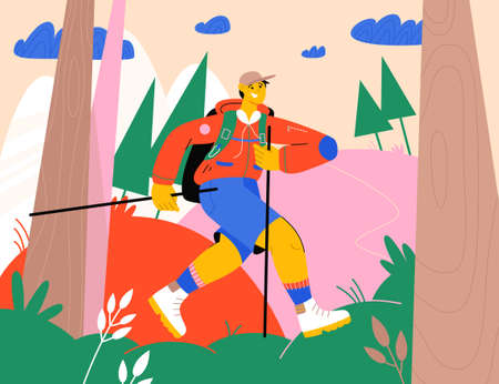 Happy man with backpack hiking in forestのイラスト素材