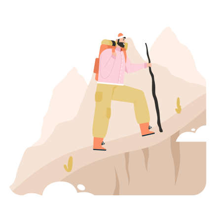 Tourist man with backpack and stick climbs mountainのイラスト素材