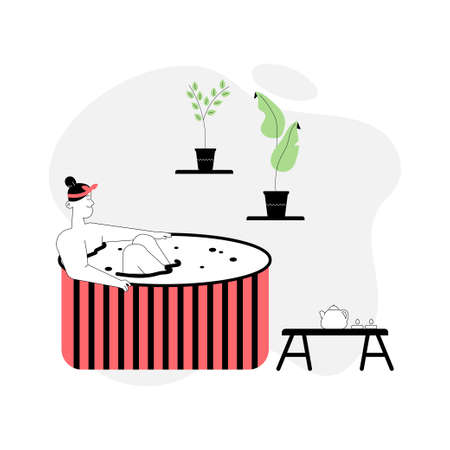 Woman in wooden bathtub, drinking tea, relaxing in spa salonのイラスト素材