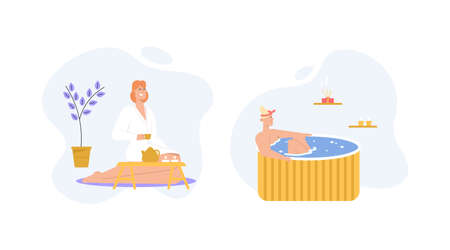 Happy people relaxing at spa salon scenes setのイラスト素材