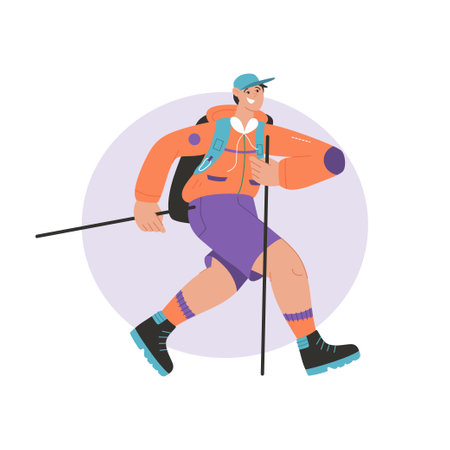 Smiling man with sticks and backpack hikingのイラスト素材