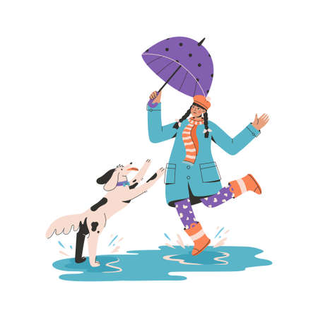 Young girl with umbrella playing with puppy and splashing in puddleのイラスト素材