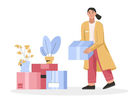 Woman holding cardboard box with things. Young girl packing belongings and plantsのイラスト素材