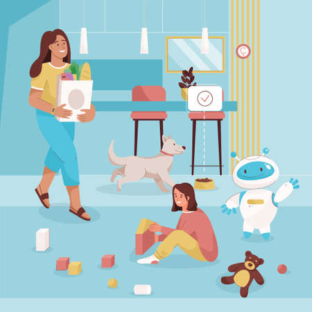Cozy smart home concept. Happy girl plays with toy cubes and robotic nannyのイラスト素材