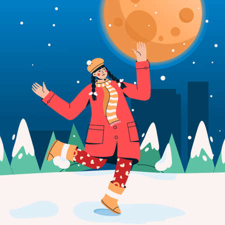 Young girl walking and jumping in evening in city parkのイラスト素材