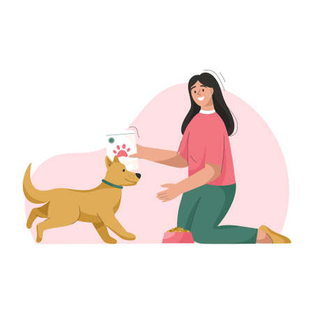 Woman is feeding dog. Owner takes care of puppyのイラスト素材