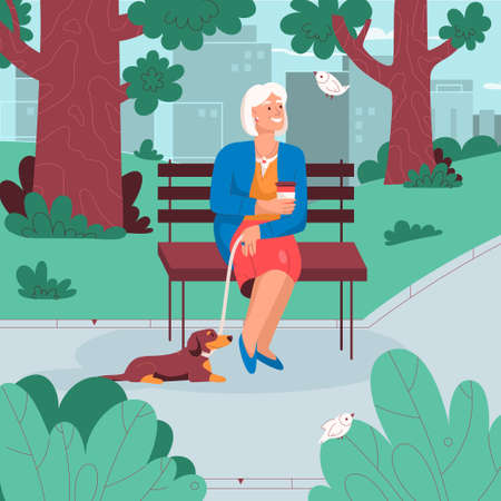 Elderly woman sitting on bench, resting in city parkのイラスト素材