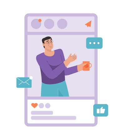 Social media concept. Man drinks and posing at photo post onlineのイラスト素材