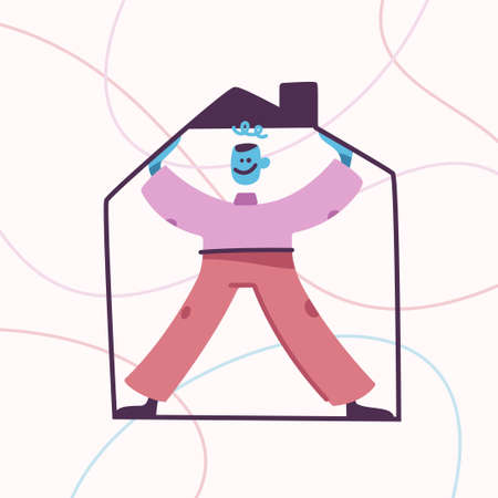 Home concept. Happy male mascot standing in frame of houseのイラスト素材