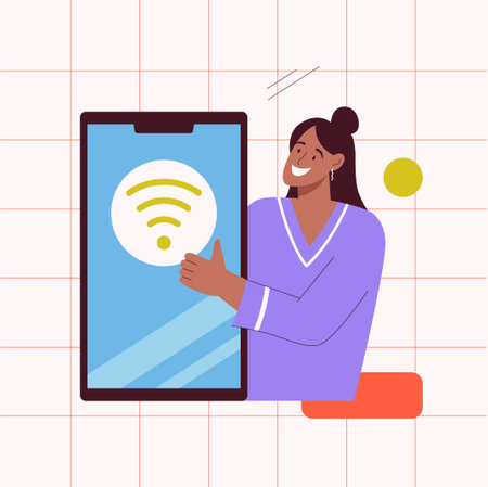 Online connect concept. A woman connects to Wi-Fi hotspotのイラスト素材