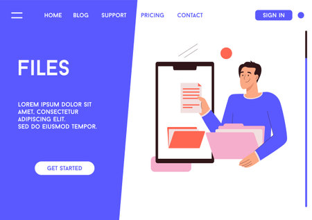 Vector landing page of Files concept. Man holding documentのイラスト素材
